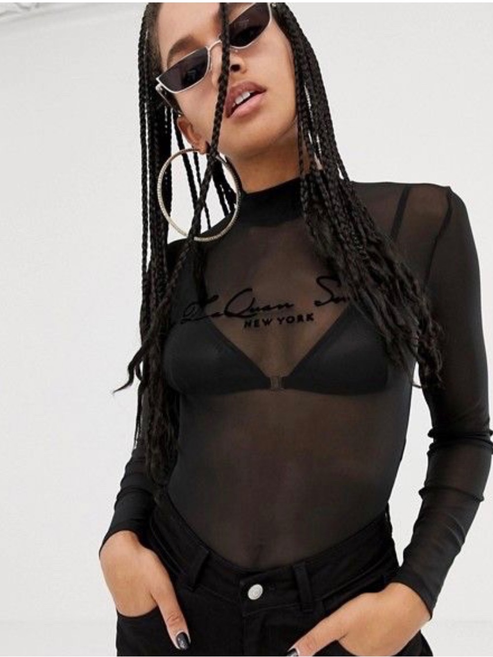 ASOS Design x LaQuan Smith Black Long-Sleeve Sheer One-Piece Bodysuit Sz 0